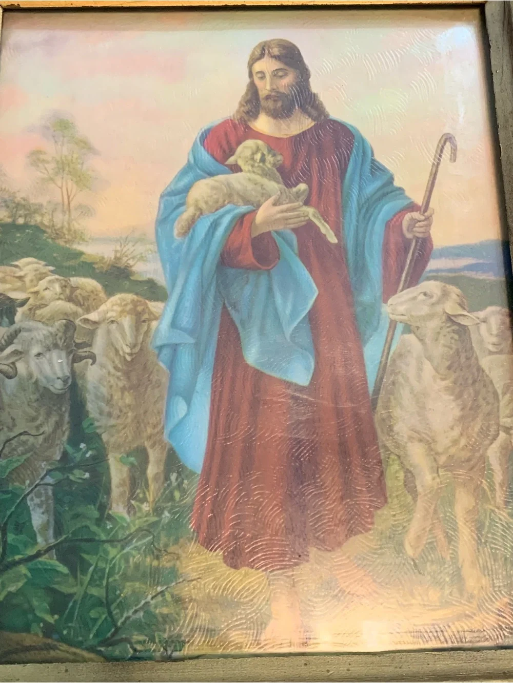 Vintage Framed Jesus Christ The Good Shepherd 70s 14”x 12”